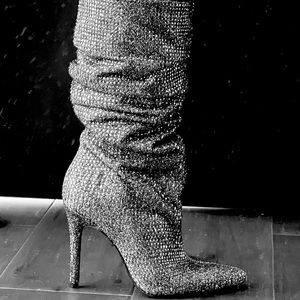 Pewter rhinestone sexy boots